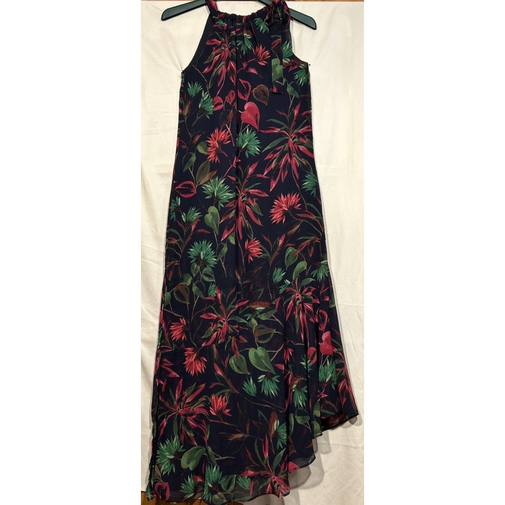 Formal Dress Asymetrical Maxi Layer Navy Floral High Neck & Tie Sz 4